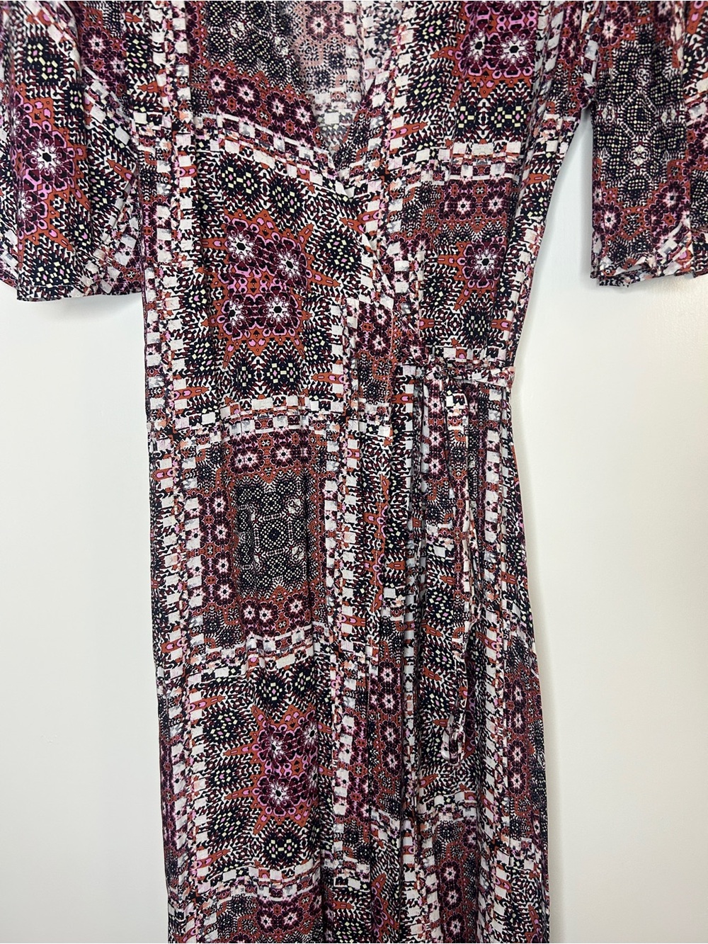 Bohemian Printed Maxi Wrap Dress in Burgundy and Black - Picture 4 of 10
